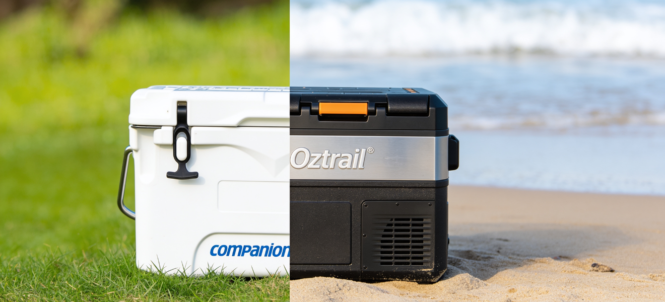 Companion esky next to an OzTrail camping fridge