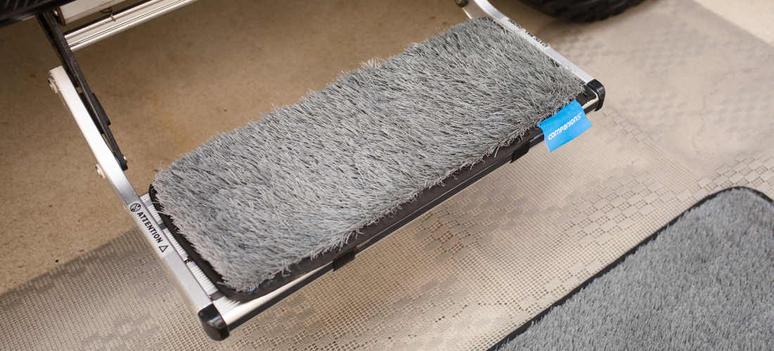 Grey Dust Off Step Mat 50x20cm attached to metal step, with soft cover and Companion tag visible.
