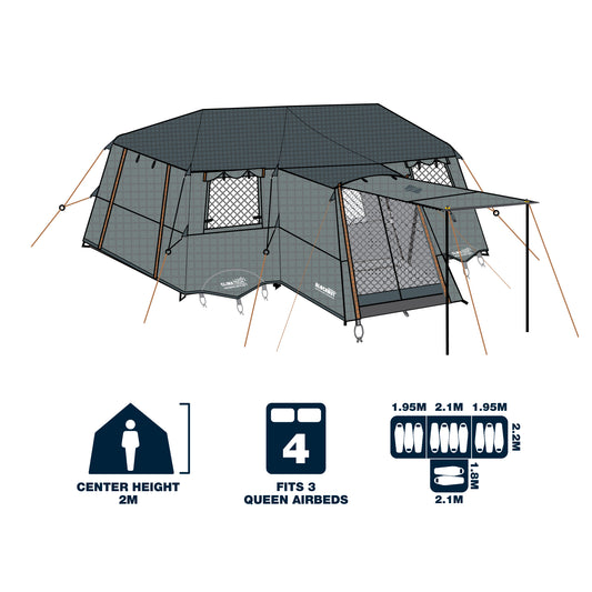 Fast Frame Blockout Lumos 12 Person Tent | 3 Room Tent | Integrated Lighting | 3000m Waterhead Rating